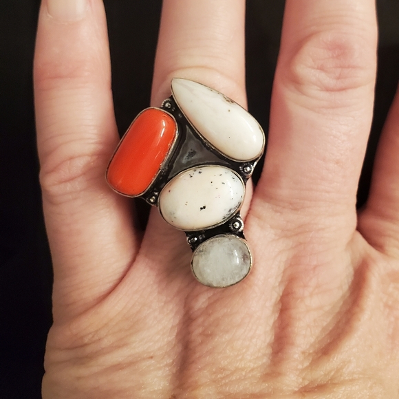 New Dendritic Opal, Coral, Rainbow Moonstone 925 Silver Statement Ring. - Picture 11 of 14